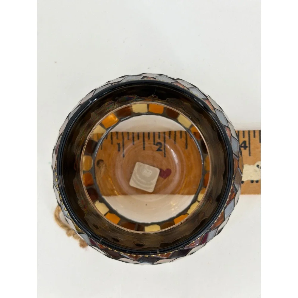 PartyLite Mosaic Glass Candle Holder Iridescent Amber Gold Beaded Trim Votive
